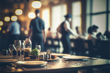 blurred restaurant background with some people eating and chefs and waiters working, generative ai.
