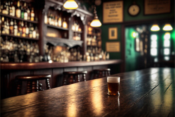 View of the interior of an Irish bar, blurred, with some people in the background, fictional, gernerative ai.