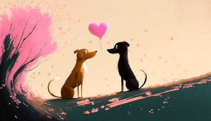 Abstract art. Colorful painting art of a cute dogs couple in love. Valentine day. Background illustration. Generative AI.