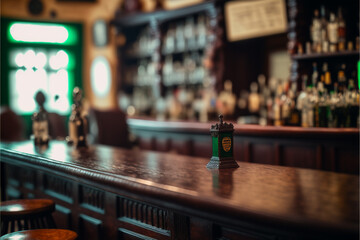 View of the interior of an Irish bar, blurred, with some people in the background, fictional, gernerative ai.