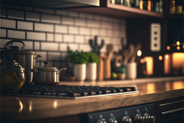 Obraz premium kitchen background at home, with full detail of utensils, generative ai.