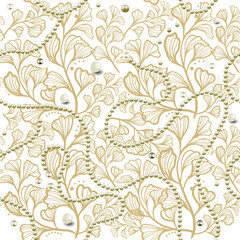 Ornamental floral jewelry vector seamless pattern. Surface 3d white pearls, beads. Lines hand drawn flowers, leaves. Beautiful patterned background. Decorative line art golden ornament with gemstones