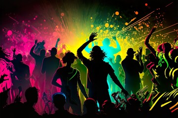 Fototapeta na wymiar Animated Rave Party Colourful Background, People Dancing, Party, Animated