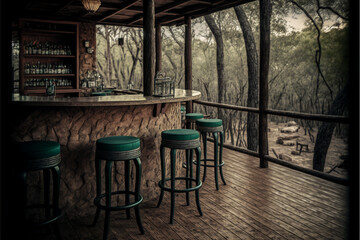 Fototapeta na wymiar Beautiful forest restaurant's terrace, bar table, and chairs outdoor, generative ai