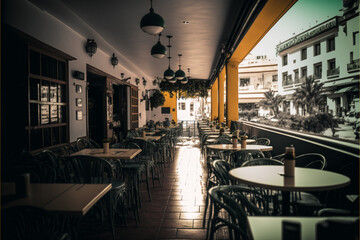 Fototapeta na wymiar Beautiful restaurant's terrace, bar table, and chairs outdoor, generative ai