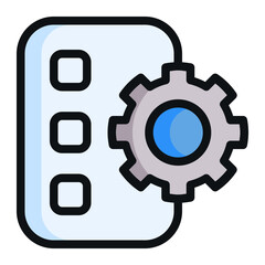Isolated paper with cogwheel in outline color icon on white background. Gear, list, planning, task, management, organizer