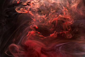 Red black ink abstract background. Acrylic paint backdrop for perfume, hookah, cosmetics. Mysterious smoke clouds, colorful fog