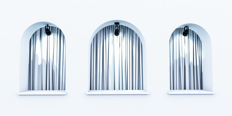 white arch window and curtain inside., Minimal scene for product display presentation. Stage for showcase., 3D render