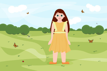Obraz na płótnie Canvas spring illustrations. a cute young girl walks in a spring or summer park. Birds, butterflies, dragonfly and ladybug fly. vector