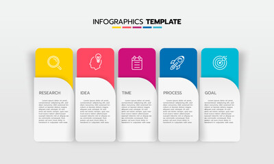 Business infographic template process with simple geometry square, rectangle, circle, triangle, curves in flat design template with thin line icons and 5 options or steps. Vector illustration.