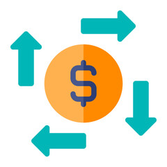 Isolated dollar coin with arrows in flat icon on white background. Cash flow, cash out, funding, transaction, conversion, earnings