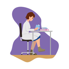 flat cartoon character of Science woman researcher sit in the chair