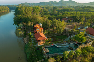 Aerial view of a jungle lodge near in Cat Tien National Park, Vietnam