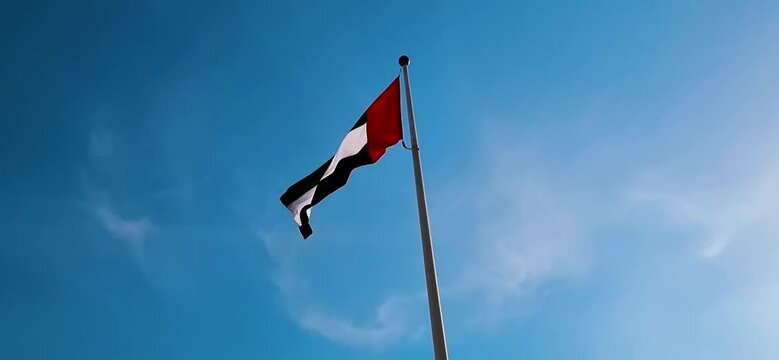 Footage of the UAE national flag on the pole outdoors. Country