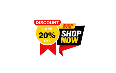 20 Percent SHOP NOW offer, clearance, promotion banner layout with sticker style. 
