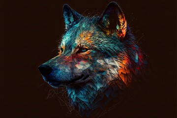 Realistic Low Poly Wolf Portrait, Colourful Polygonal Shapes. Ai-generative Digital Art.