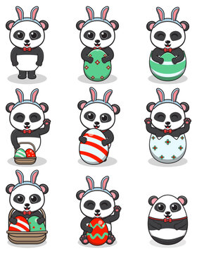 Panda Happy Easter. Cute Panda on the Easter theme in cartoon. Vector illustration. Isolated on white background. Easter holiday vector set.