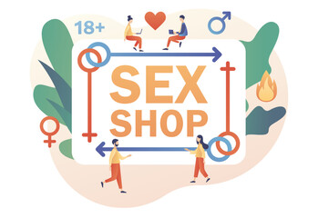 Sex shop banner. Adult store. Female and male sex symbol. Erotic concept. Modern flat cartoon style. Vector illustration on white background
