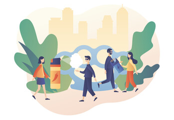 Self defense. Tiny people arming against bandits and hooligans. Electric shock, pepper spray, brass knuckle. Modern flat cartoon style. Vector illustration on white background
