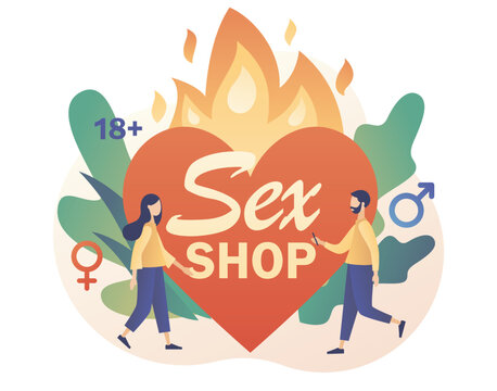 Sex shop. Adult store. Female and male sex symbol. Erotic concept. Heart in fire sign. Modern flat cartoon style. Vector illustration on white background