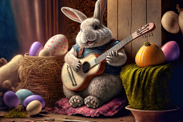 Easter Bunny Surrounded By Easter Eggs Playing an Acustic Guitar - AI Generative