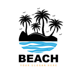 Coconut Tree And Beach Logo, Ocean Nature Landscape Design, Beach Icon Plant Vector