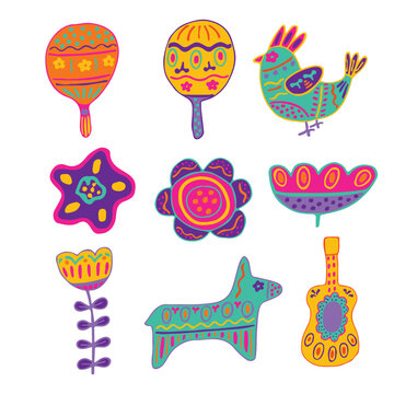 Bright Mexican items. Maracas, guitar, flowers, bird, pe ata on a white background. Mexican holidays. Vector illustration