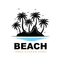 Obraz premium Coconut Tree And Beach Logo, Ocean Nature Landscape Design, Beach Icon Plant Vector