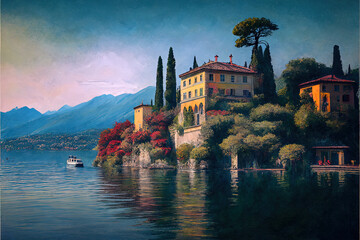 Fototapeta na wymiar Villa near by Como Lake Italy | Oil Painting | Generative AI