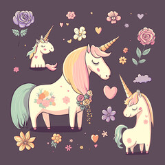 Cute mother unicorn with child girl, flowers, hearts. Beautiful cartoon character mom and baby animals. Watercolor vector image for Mothers day card, design - 564295240