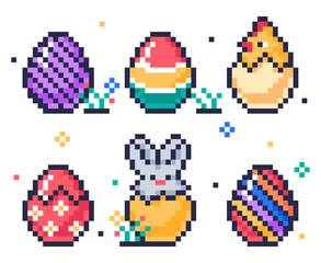Pixel 8 bit easter eggs. Pixel art arcade game eggs icons, painted chicken eggs, cute bunny and baby chicken egg hunt game flat vector illustration set on white background