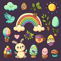 Naklejka premium Easter set - cute cartoon bunny, rainbow,eggs, flowers, sun, character bird,other easter design elements. Vector childish clip art collection for holiday spring , card, poster in vintage retro style