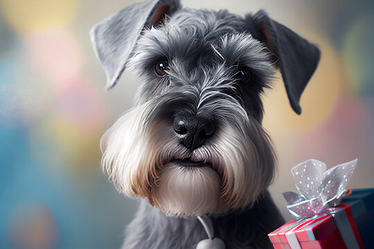 Miniature Schnauzer pet dog portrait which is a popular canine purebred pedigree breed with a Christmas or birthday present in a box, computer Generative AI stock illustration image