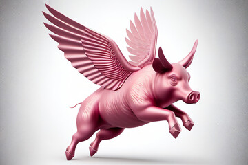 Pigs might fly a phrase used to express  disbelief isolated on a white background shown as a pink swine with wings flying, computer Generative AI stock illustration image