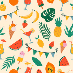 Vector seamless pattern with summer symbols- fruits, drinks, cocktails, ice cream, palm leaves. Tropical background with exotic fruit and leaves. Summer vacation concept.