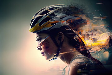 multi exposure illustration art of woman with bike helmet cycling, generative ai