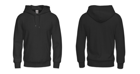 Hoodie jacket template mockup , hoodie with pocket and drawstrings. Black sweatshirt 