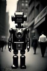 AI Digital Illustration Black and White Vintage Robot Walking In The City