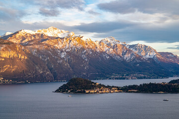 The panorama of Lake Como, from the church of San Martino in Griante, showing Bellagio and the surrounding mountains.
