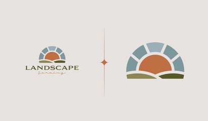 Landscape Agriculture Farm Logo Template. Universal creative premium symbol. Vector illustration. Creative Minimal design template. Symbol for Corporate Business Identity - obrazy, fototapety, plakaty