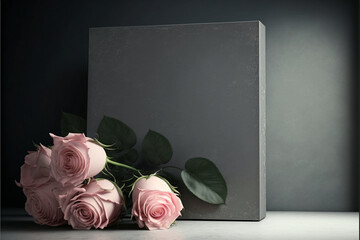 gift with bow, Beautiful pink roses, gray stone texture table, St. Valentine's Day or Mother's Day concept. Empty space to write a message to your love