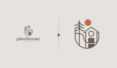 Pine House Logo Template. Universal creative premium symbol. Vector illustration. Creative Minimal design template. Symbol for Corporate Business Identity - obrazy, fototapety, plakaty