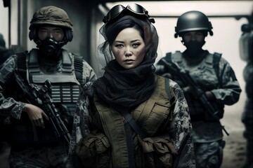 Asian woman escorted by two armed soldiers in a war field, created with generative AI.