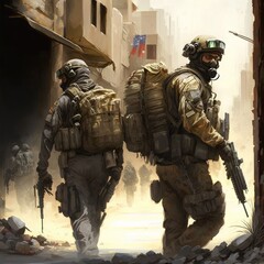 Art of modern soldiers with vest and muscular build holding rifle in city. Generative AI