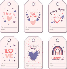 Valentines day typography for cards. Abstract, collection of printable Valentine's Day labels, in pastel colors. Love, heart, holiday sticker kit. Vector illustration.