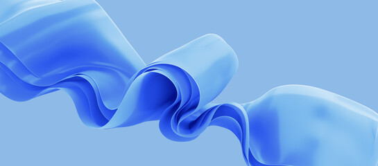 3d render, abstract blue background. Folded ruffle, curvy waving ribbons. Elegant fashion wallpaper - obrazy, fototapety, plakaty