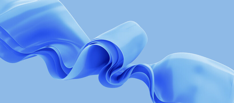 3d render, abstract blue background. Folded ruffle, curvy waving ribbons. Elegant fashion wallpaper