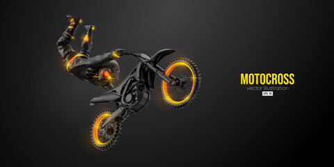 Abstract silhouette of a motocross rider, man is doing a trick, isolated on black background. Enduro motorbike sport transport. Vector illustration