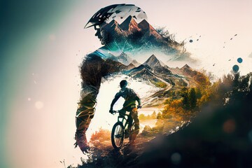 multi exposure mountain biking themed sports illustration, generative ai
