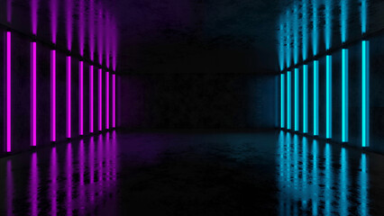 Abstract background. Empty box room with neon.